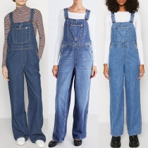 Vintage Patch Pockets Straight-cut Denim Suspender Jumpsuit