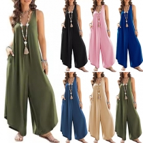 Casual Round Neck Sleeveless Side Pockets Loose Jumpsuit