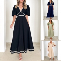 Fashion Contrast Color V-neck Short Sleeve High-rise Midi Dress