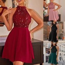 Fashion Sequin Spliced Halter Neck Sleeveless Backless Mini Dress