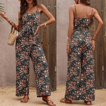 Fashion Floral Printed V-neck Self-tie Backless Straight-cut Jumpsuit