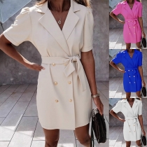 Fashion Notch Lapel Short Sleeve Double-breasted Self-tie Dress