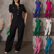Fashion Stand Collar Front Button Short Sleeve Wide-leg Jumpsuit