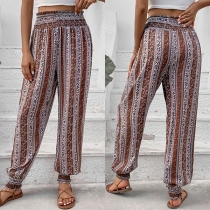 Bohemia Style Floral Printed Elastic Waist Loose Pants