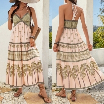 Bohemia Style Floral Printed Halterneck Backless Midi Dress