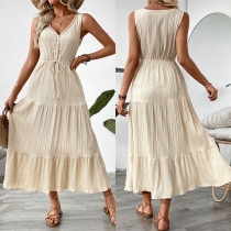 Fashion V-neck Sleeveless Self-tie Tiered Textured Midi Dress