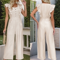 Fashion Square Neck Front Button Ruffle Sleeveless High-rise Straight-cut Jumpsuit