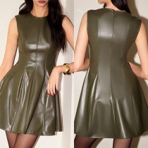 Fashion Crew Neck Sleeveless Ruffle A-line Artificial Leather PU Dress
