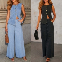 Fashion Two-piece Denim Set Consist of Vest and Straight-cut Pants