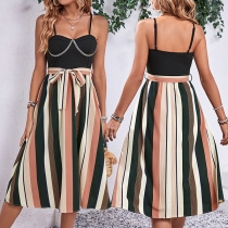 Fashion Chain Sweetheart Neckline Self-tie Vertical Stripe Slip Dress