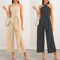 Fashion Halterneck Sleeveless Straight-cut Self-tie Strappy Jumpsuit