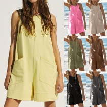 Casual Solid Color Crew Neck Sleeveless Patch Pockets Romper
