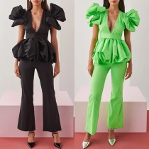 Street Fashion Two-piece Set Consist of Ruched Shirt and Straight-cut Pants