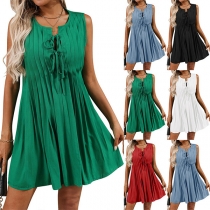 Casual  Self-tie Crew Neck Sleeveless Pleated Dress