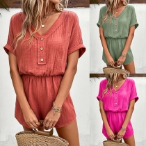 Casual V-Neck Short Sleeve Front Button Romper