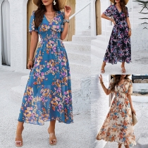 Fresh Style Floral Printed V-neck Short Sleeve High-rise Midi Dress