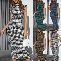 Vintage Houndstooth Printed Mock Neck Sleeveless Bodycon Midi Dress