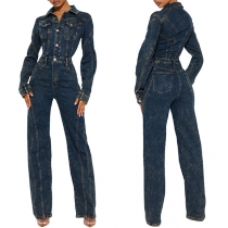 Vintage Stand Collar Long Sleeve Front Button Straight-cut Old-washed Denim Jumpsuit