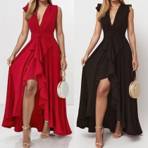 Fashion Solid Color V-neck Sleeveless Self-tie Ruffle Front Slit Maxi Dress