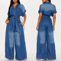 Fashion Stand Collar Short Sleeve Self-tie Wide-leg Old-washed Denim Jumpsuit