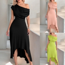 Elegant Draped Slant Shoulder Irregular Hemline Dress