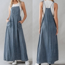 Fashion Patch Pockets Self-tie Shoulder Strap Old-washed Denim Dress