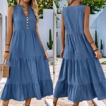 Fashion Button V-neck Sleeveless Tiered Dress