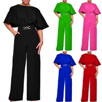Fashion Solid Color Crew Neck Short Sleeve Chain Waist Wide-leg Jumpsuit