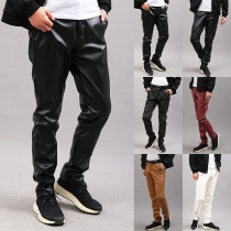 Fashion Solid Color Plushed Lined Artificial Leather PU Pants for Men
