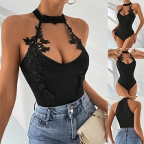 Fashion Lace Spliced Halterneck Front Cutout Bodysuit