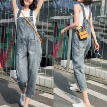 Fashion Patch Pockets Old-washed Denim Suspender Jumpsuit