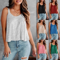 Fashion Sequin Square Neck Sleeveless Tank Top