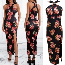 Fashion Floral Printed Halter Neck Sleeveless Backless Side Slit Bodycon Dress