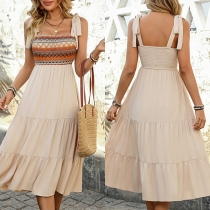 Vintage Floral Printed Self-tie Shoulder Strap Tiered Dress