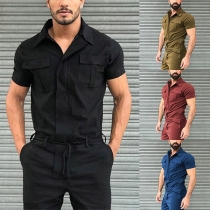 Fashion Stand Collar Short Sleeve Front Zipper Cargo Jumpsuit with Belt for Men