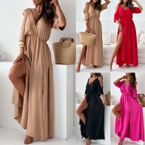 Fashion Solid Color Open-shoulder Short Sleeve High-rise Side Slit Maxi Dress