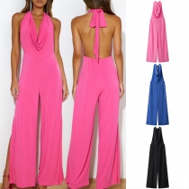 Fashion Solid Color Draped Halterneck Backless Side Slit Jumpsuit