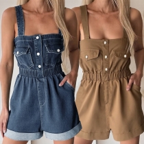 Fashion Patch Chest Pockets Elastic Waist Denim Romper