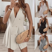 Elegant Solid Color Double-breasted Sleeveless Ruffle Hemline Dress