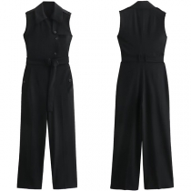 Fashion Solid Color Stand Collar Buttons Straight-cut Jumpsuit with Belt