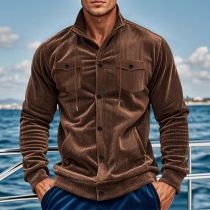 Vintage Drawstring Stand Collar Long Sleeve Corduroy Jacket for Men