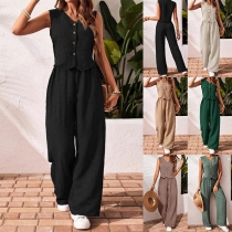 Casual Solid Color Two-piece Set Consist of Crop Shirt and Straight-cut Pants