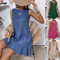 Casual Crew Neck Sleeveless Self-tie Backless Ruffle Hemline Mini Dress