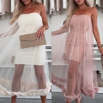 Fashion Strapless Gauze Spliced Ruffle Hemline Party Dress