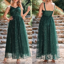 Fashion Bling-Bling V-neck High-rise Gauze Spliced Party Dress
