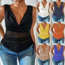 Casual Solid Color Draped V-neck Sleeveless Side Drawstring Shirt