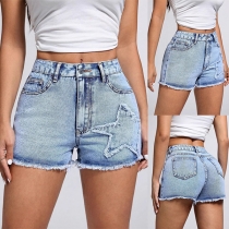 Fashion High-rise Star Pattern Frayed Hemline Old-washed Denim Shorts