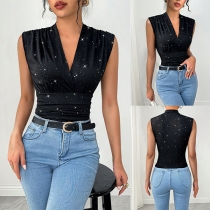 Fashion Bling-bling V-neck Sleeveless Shirt