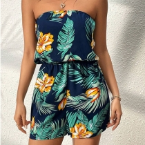 Fashion Floral Printed Strapless Elastic Waist Romper