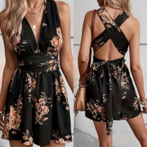 Bohemian Style Floral Printed V-neck Criss-cross Backless Strappy Romper